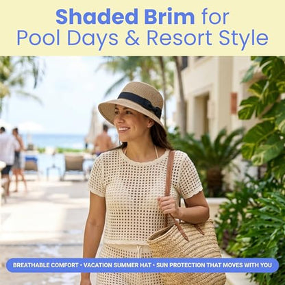 Funky Junque Foldable Wide Brim Straw Sun Hat, Packable Beach Cap - color: Brown Mix
