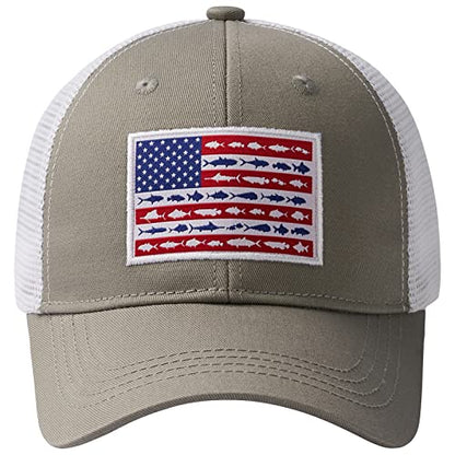 BASSDASH Altimate Fishing Hat Mesh Back for Men Women Adjustable Baseball Trucker Cap - color: Grey/Fish Flag