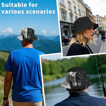 Amasnay Neon Bucket Hat Cotton Double-Side-Wear Reversible Sun Hat for Women Men, Summer Vacation Travel Beach Fisherman Hat - color: Black White Horse