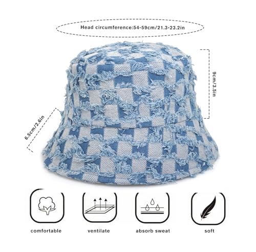 Women's Washed Cotton Bucket Hat Cowboy Checkerboard Fishermen Hat - color: Light Blue
