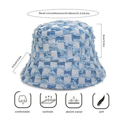 Women's Washed Cotton Bucket Hat Cowboy Checkerboard Fishermen Hat - color: Light Blue