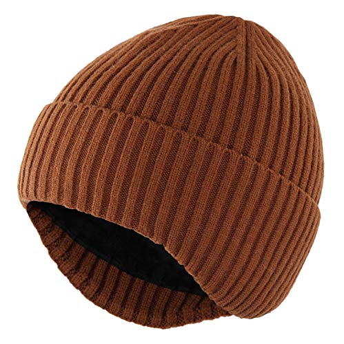 Connectyle Fleece Lined Beanie Hat for Men Women Warm Winter Hats with Earflaps Stretchy Ribbed Knit Skull Cap - color: Brown