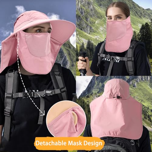 Sun Hats for Men Women Detachable Face Cover Wide Brim Fishing Hats with Neck Flap UPF 50+ Outdoor Safari Hats - color: Pink