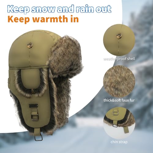 Fur Winter Trapper Hat,Unisex Taslon Faux Fur Aviator Ski Trapper Trooper Pilot Hat,Snow Eskimo Hat with Ear Flaps - color: Khaki, size: Small-Medium