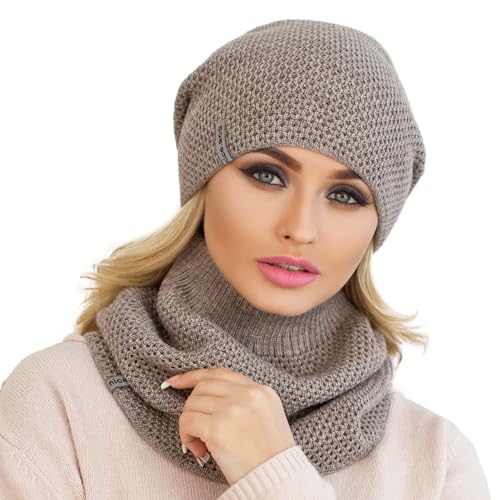 Hat and Scarf Set for Women – Knit Winter Beanie Fleece Lined Neck Warmer – Wool Double Layer Cap - color: Brown