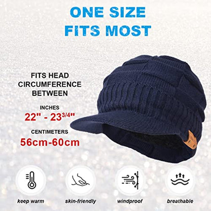 Ruphedy Mens Beanie with Brim Winter Hat Knitted Thick Fleece Visor Beanie - color: B322-navy
