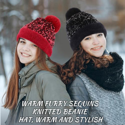 4 Pcs Sequin Pom Pom Beanie Winter - color: Black,silver,gold,wine Red