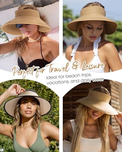 FURTALK Sun Hats for Women Wide Brim Ponytail Straw Visor Foldable Beach - color: Khaki+black