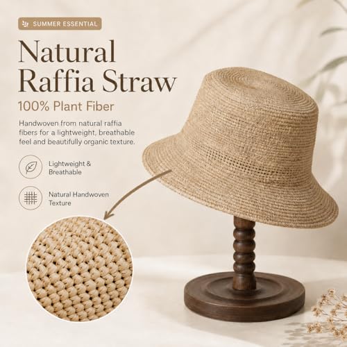 Natural Raffia Straw Bucket Hat for Women Sun Beach Handmade Raffia Woven Bucket Hat Foldable Summer Cap - color: Natural Raffia