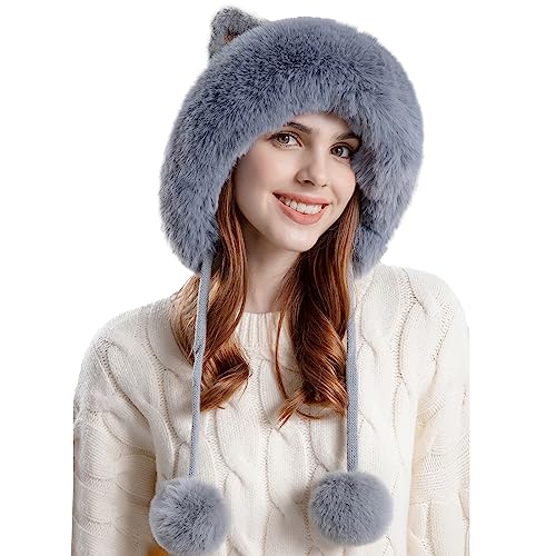 Fluffy Knit Beanie Hats for Women Winter Warm Fleece Lining Skull Cap Plush Faux Fur Pompom Earflaps Snow Hats - color: Grey - B