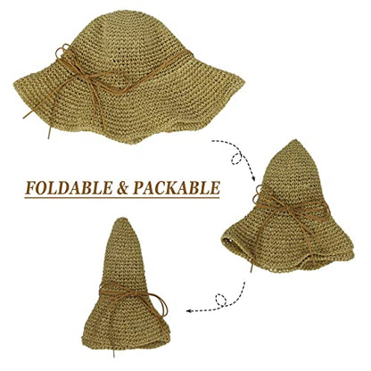 Women Sun Hat Wide Brim Floppy Beach Hat Breathable UV UPF 50+ Straw Hat Foldable Packable Summer Outdoor Cap - color: Light Coffee