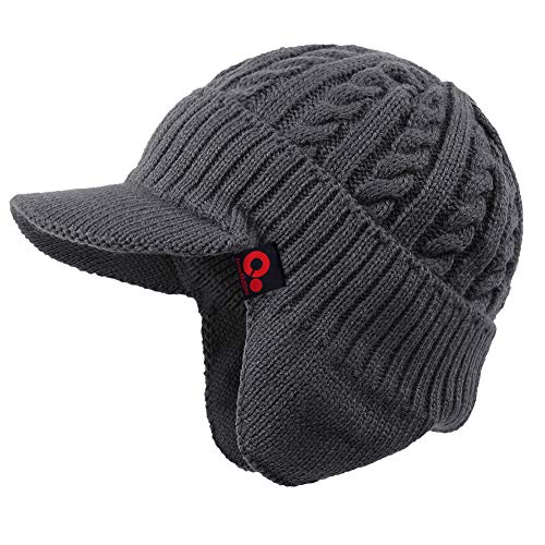 Original One Winter Ear Flap Visor Beanie Lining Hat with Billed Knit Brimmed Cap - color: Grey