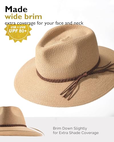 FURTALK Womens Wide Brim Sun Hat Beach Panama Fedora Straw Summer - color: Khaki, size: Large-X-Large