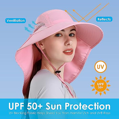 Womens Sun Hat UV Protection, Foldable Waterproof Wide Brim Bucket Hats with Neck Flap for Summer Beach Fishing Hiking - color: Pink