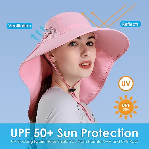 Womens Sun Hat UV Protection, Foldable Waterproof Wide Brim Bucket Hats with Neck Flap for Summer Beach Fishing Hiking - color: Pink
