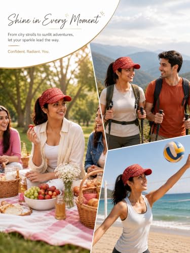 Women Shiny Rhinestone Bling Sun Visor Adjustable Tennis Beach Ponytail Hat - color: Red Hat+red Rhinestone