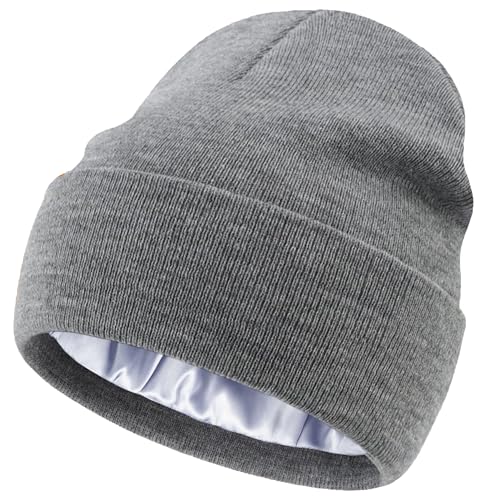 Satin Lined Knit Beanie Hat-100% Cotton Winter Hats for Women Men - color: 1-light Heather Grey