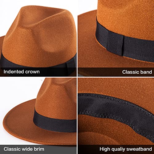 Felt Wide Brim Fedora Hats for Women Men, with Band Belt Buckle, Adjustable - color: P16 Dark Camel
