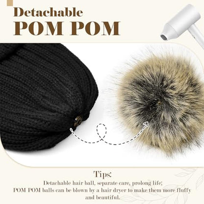 Satin Lined Beanie for Women with Detachable Pom Pom, Winter Cuffed Hat - color: 01 Black