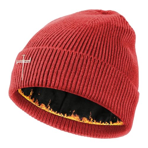 Winter Beanie for Men Women Fleece Lined Beanies Hats Soft Warm Thick Knit Hat - color: Light Red