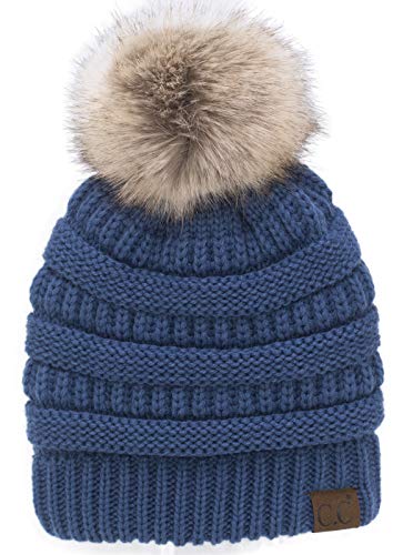 C.C Trendy Fuzzy Fleece Lined Warm Comfortable Soft Stretch Cable Knit Ribbed Faux Fur Pom Pom Beanie Hat - color: Dark Denim Blue