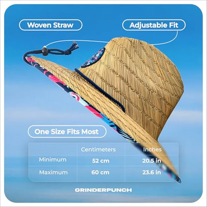 grinderPUNCH Straw Sun Hat for Men Women Wide Brim Beach Fishing UPF 50 - color: Flamingo Palm
