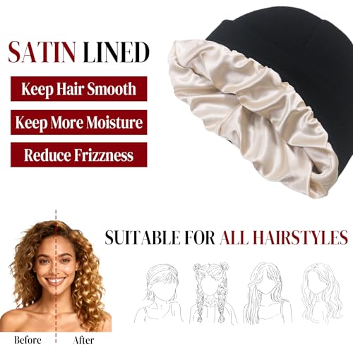 PFFY Womens Satin Lined Beanie Silk Lining Winter Hats Beanies for Women - color: Black+grey