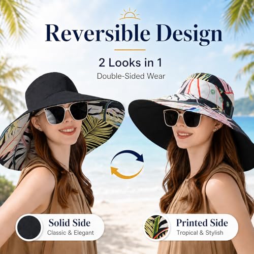 HUAMULAN Wide Brim Women Summer Sun Floppy Hat Reversible Beach Bucket Hat - color: Bg8240-black
