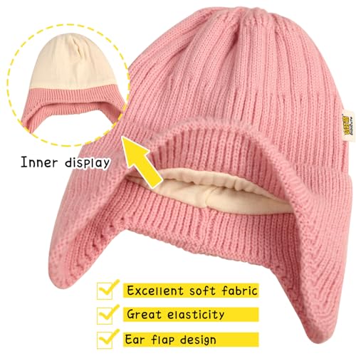 Toddler Girls Beanie Hat with Ear Flaps Knitted Soft Warm Stretchy Winter Ear Protection Hat for Boys Kids