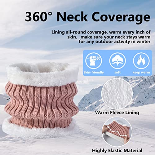 3 Pcs Women Winter Knit Beanie Hat Scarf Touchscreen Gloves Set Warm Soft Thick Fleece Lined Skull Cap with Double Pom Pom - color: Pink