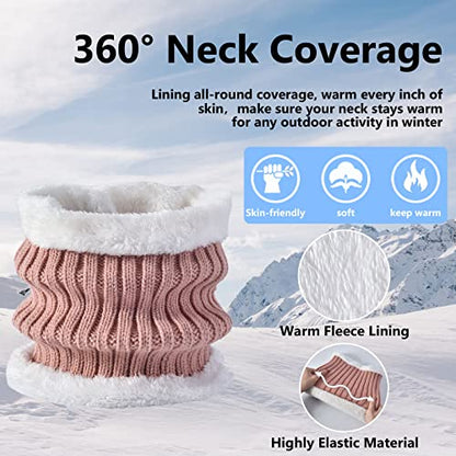 3 Pcs Women Winter Knit Beanie Hat Scarf Touchscreen Gloves Set Warm Soft Thick Fleece Lined Skull Cap with Double Pom Pom - color: Pink