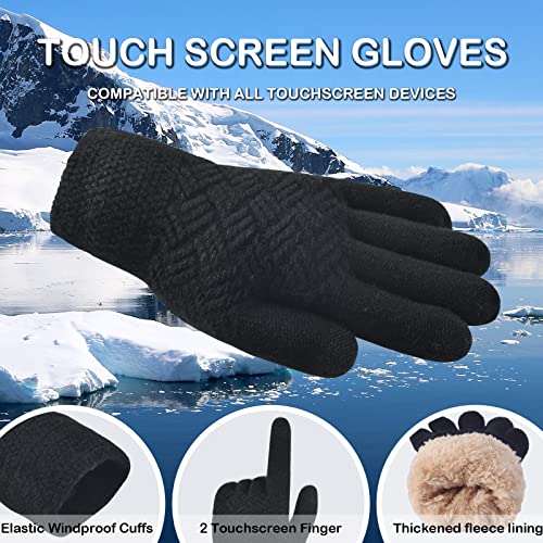 3 Pcs Women Winter Knit Beanie Hat Scarf Touchscreen Gloves Set Warm Soft Thick Fleece Lined Skull Cap with Double Pom Pom - color: Black