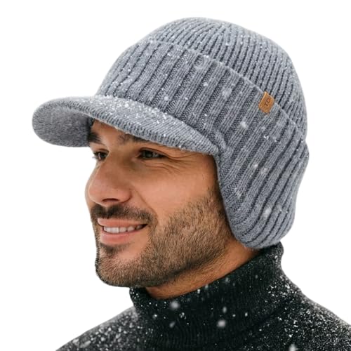 TOP-EX DryKnit™ 80% Merino Wool Waterproof Warm Brim Beanie with Ear Flaps - color: Light Gray, size: Medium-Large