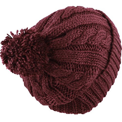 Women and Men Beanie Daily Winter Oversized Thick Stretchy Knitted Pom Pom Beanie Fleece Lined Beanie Hat - color: 1. Curly Burgundy