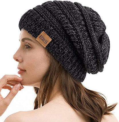 REDESS Slouchy Beanie Hat for Men and Women Winter Warm Knit Hat Chunky Soft Oversized Cable Cap - color: B1 Light Black