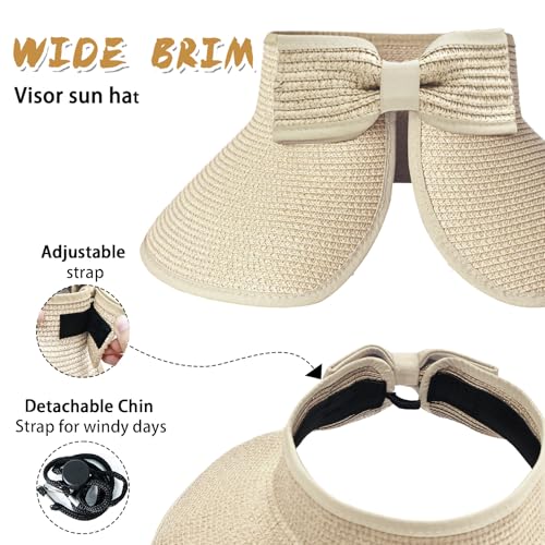 Women's Sun Visor Hats Wide Brim Straw Beach Hat Ponytail Hats for Women Foldable Floppy - color: 1pack-beige