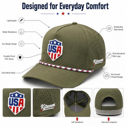 Patriotic Golf Rope Hat for Men, 5 Panel Adjustable Snapback Outdoor Cap - color: Olive Green