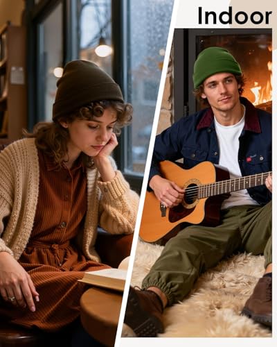 Century Star Men's Fleece-Lined Beanie Winter Knit Hat - Stretchable, Warm, Windproof, Unisex Cuffed Ski Cap for Sports - color: Coffee