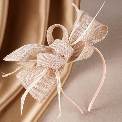 Zinniday Victoria Tea Party Hat - 2025 Bow Derby Attire Hats with Hairpin,1920s 50s Feather Fascinators for Women - color: Champagne