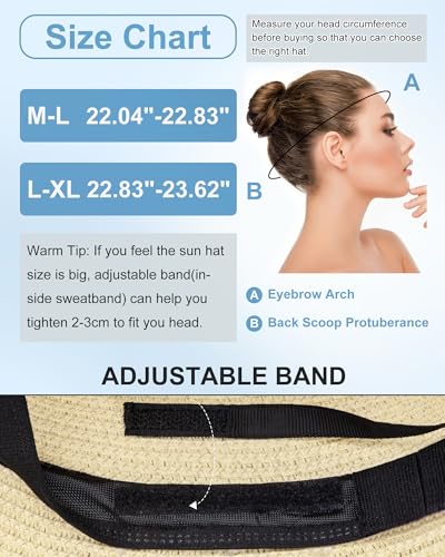 Sun Straw Hats for Women, Wide Brim Summer Beach Hat - color: Beige Black, size: Large