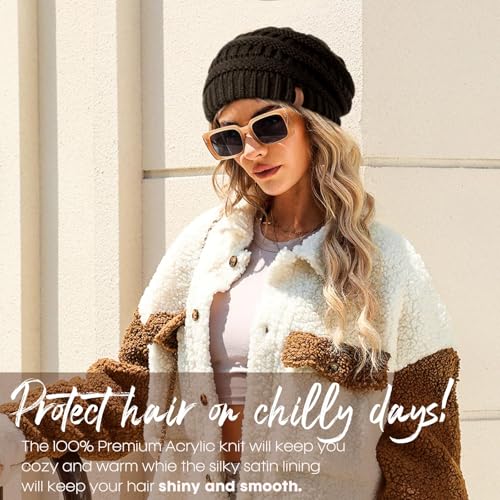 FURTALK Winter Beanie Hat for Women Satin Lined Cable Knit Chunky Slouchy Beanies Skull Warm Cap - color: Black