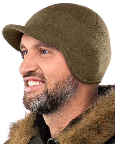 2SBR 2SABERS Fleece Winter Beanie with Visor - Men Women - Earflap Brim Skull Watch Cap Hat - color: Olive Green, size: Large