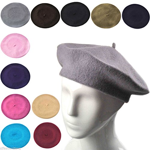 Women French Wool Beret Hats - Solid Color Classic Beanie Winter Cap - color: Red