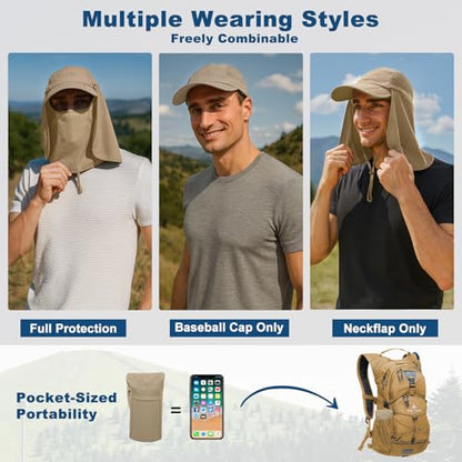 Surblue Baseball Sun Cap with Removable Neck Flap and Face Mask UPF 50+ - color: Khaki, size: Small
