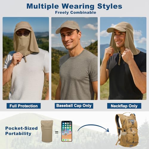 Surblue Baseball Sun Cap with Removable Neck Flap and Face Mask UPF 50+ - color: Khaki, size: Medium