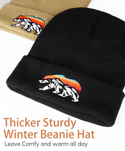 Knit Winter Beanie Hats for Men Women Cuffed Skull Cap with Mountain Embroidery Outdoor Christmas & New Year Gifts - color: Bear/Black