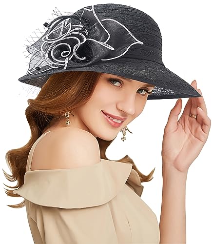 Women's Kentucky Derby Church Dress Hat Wide Brim Leaf Flower Bridal Shower Hat - color: R8 Black White Edge