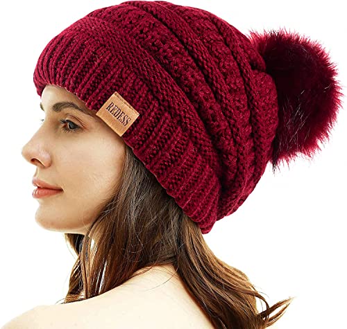 REDESS Women Winter Pom Pom Beanie Hat with Warm Fleece Lined - color: Wine Red