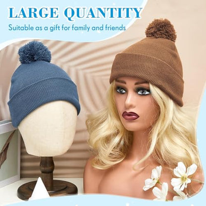 Geyoga 2 Pcs Pom Beanie Hat Men Women Winter Hat Pom Knit Cap Beanies with Ball at Top Acrylic Winter Cap with Cuff - color: Brown,blue Gray, style: Classical