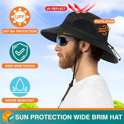 SUN CUBE Wide Brim Sun Hat for Men & Women, UPF 50+ UV Protection, Mesh Boonie Hat with Chin Strap, Fishing Hiking Hat - color: Black